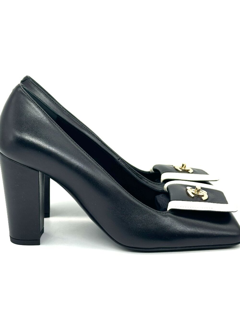 CHANEL 26S Leather Square Toe Turnlock CC Block Heels Pumps Shoes Black Ivory - Picture 14 of 16